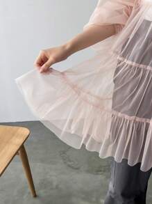 FRIFUL Fall Spring Fashionable Mesh Ruffled Hem Dress Sundress Long Sleeve Dress - Pink - View 7