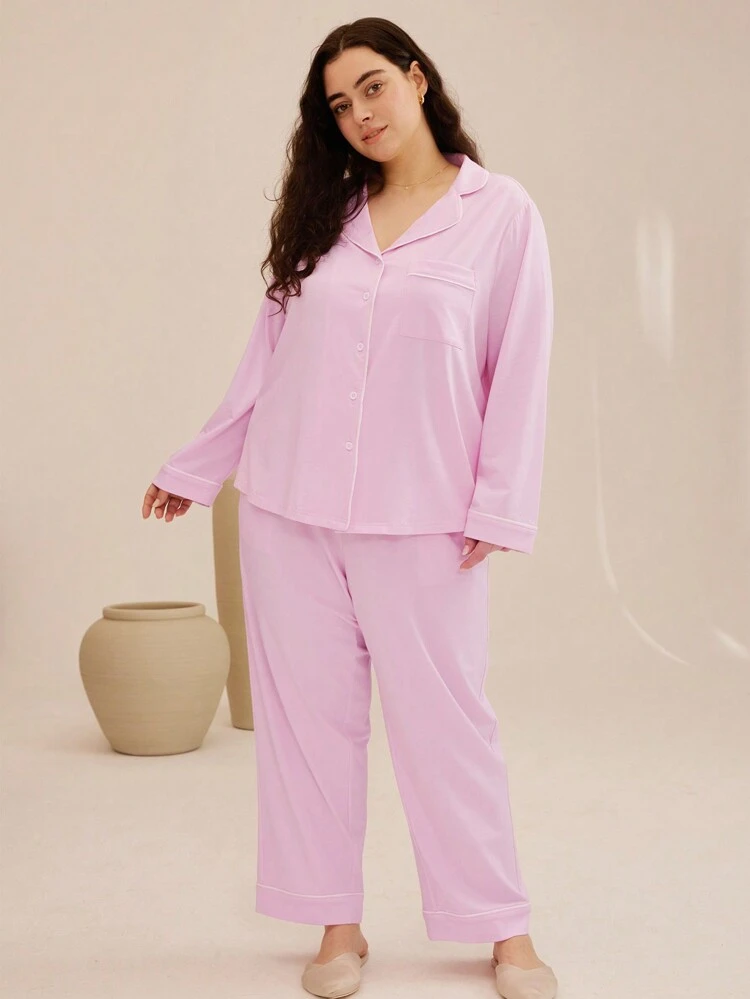 Women Plus Wedding Essential Soft Cotton & Modal Bridal Pink Basic Long Pink Pajama Set Lounge Set Bridal Intimates Fall Pajamas