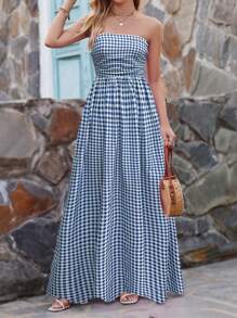 SHEIN Clasi 格紋印花百褶無肩帶連衣裙 - 藍色 - 查看 4