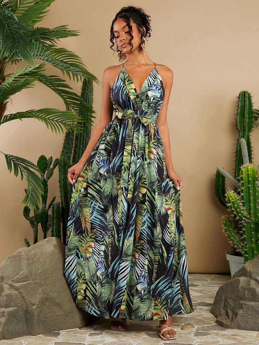 Travachic Kỳ nghỉ Mùa hè Dây đeo Mì Ý Không lưng Dài Váy bodycon Đối với phụ nữ , Nổi bật Nhiệt đới Quả chuối Lá cây Mô hình Jacquard - Nhiều màu - Xem 1