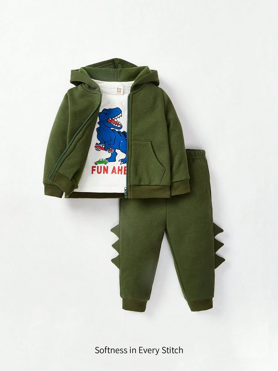 Cozy Pixies Bebé niño Camiseta con estampado de dibujos animados & Capucha con cremallera & Pantalones deportivos con diseño de parche 3D - Verde militar - Ver 1