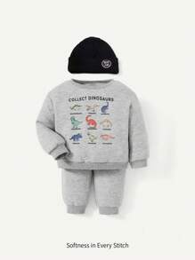 Cozy Pixies 男嬰恐龍印花衛衣和衛褲和帽 - 淺灰色 - 查看 1