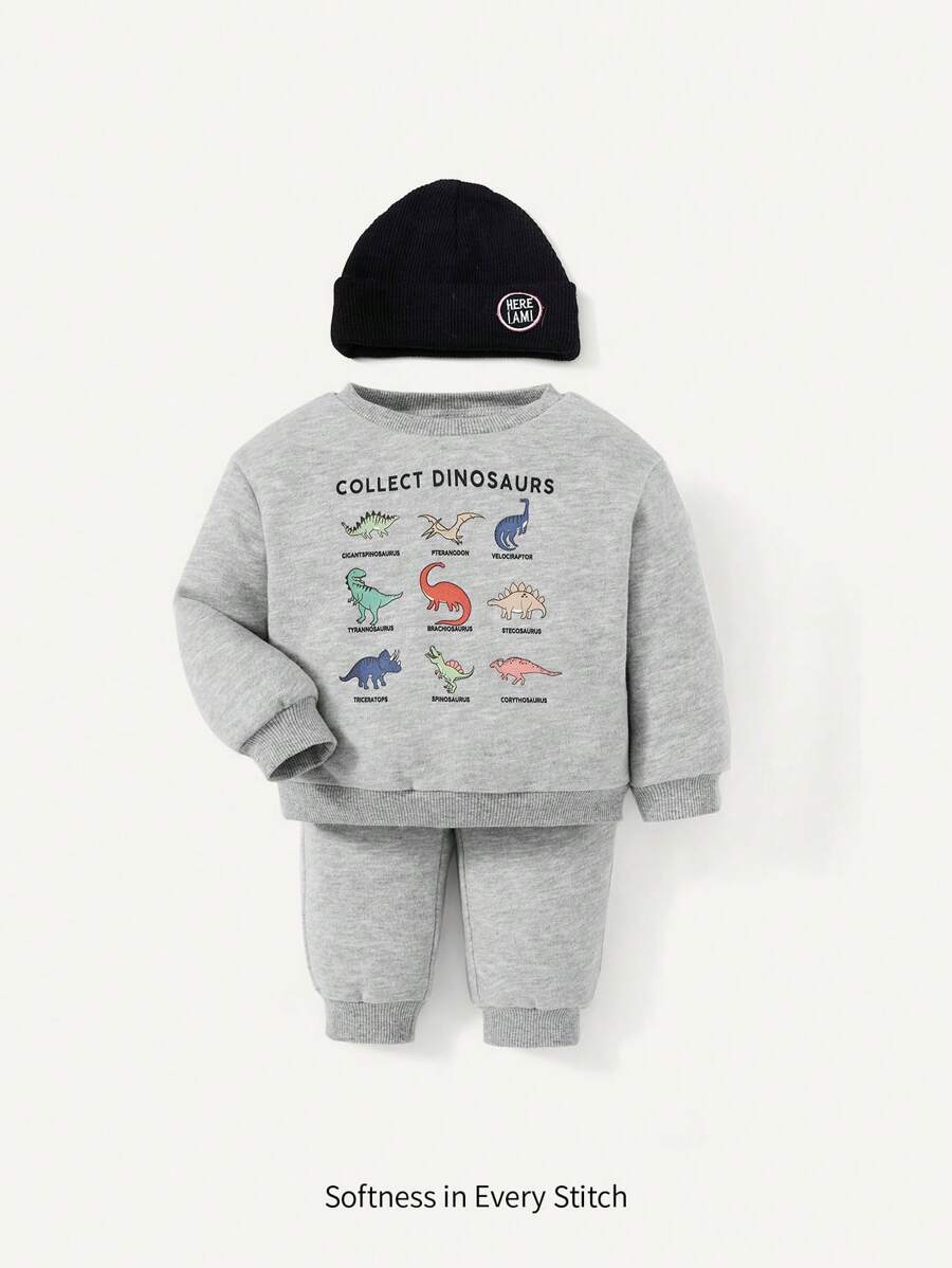 Cozy Pixies 男嬰恐龍印花衛衣和衛褲和帽 - 淺灰色 - 查看 1
