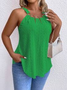 SHEIN LUNE 大尺碼純色中空刺繡背心,夏季必備 - 綠色 - 查看 1