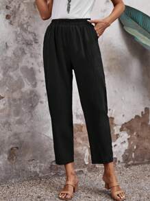 EMERY ROSE Elastic Waist All-Over Print Pants, Casual Daily Wear Airport Outfit - Black - View 4