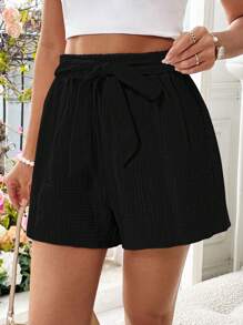 Chiquease Women's Solid Color Simple Belted Decor Shorts