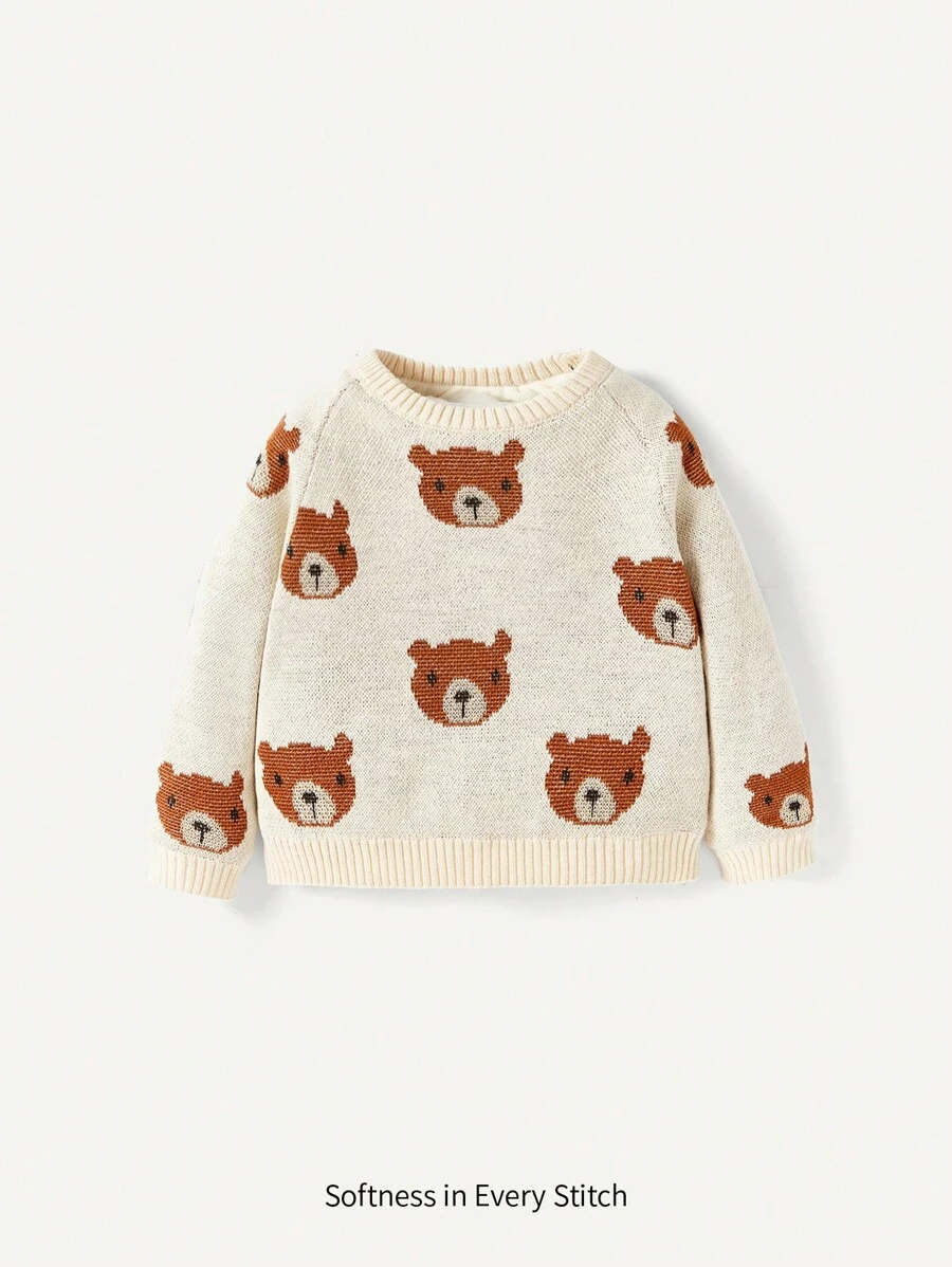 Cozy Pixies Baby Boy Bear Pattern Raglan Sleeve Sweater - MultiWarna - View 1