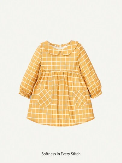 Baby Girl Academy Style Plaid Print Peter Pan Collar Front Button Pocket Drawstring Waist Dress