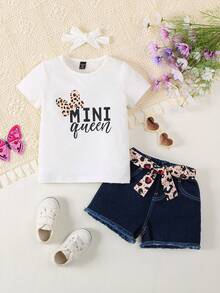 Cô Gái Trẻ Giải trí Và vui tươi In hoa Báo Bướm & Chữ in Áo thun Áo & Thắt lưng Tối Denim Quần Short Còng 2 Miếng Bộ - trắng - Xem 6