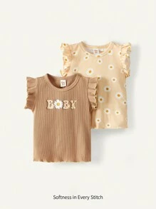 Cozy Pixies Baby Girl's 2pcs/Set Round Neck Top With Ruffle Trim And Letter & Floral Print - Coral Pink - View 1