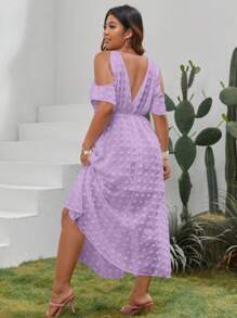 SHEIN VCAY Plus Cold Shoulder Guipure Lace Insert Split Thigh Summer Dress - Purple - View 2