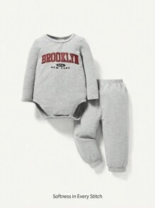 男寶寶字母印花圓領長袖連體褲套裝 - 淺灰色 - 查看 1