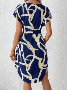 SHEIN Privé Women's Notched Collar Printed Belted Casual Dress For Spring/Summer