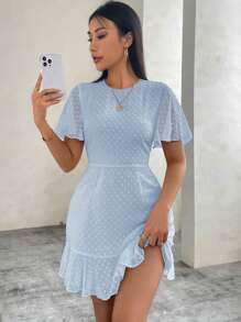 SHEIN Privé Women's Summer Solid Color Chiffon Ruffle Hem Short Dress,Pastel Dresses For Women,Business Casual Woman