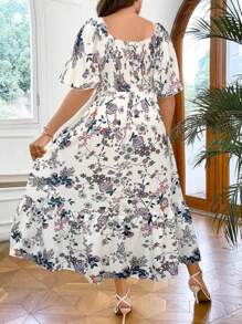 SHEIN LUNE Plus Size Floral Print A-Line Dress With V-Neck For Summer - White - View 2