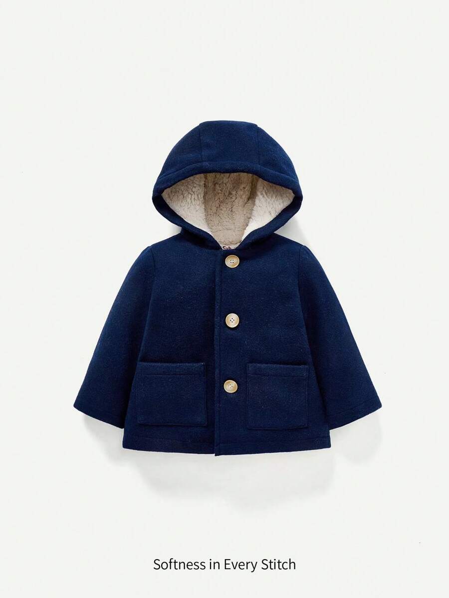 男婴双口袋连帽毛绒衬里棉服 - 藍色 - 查看 1