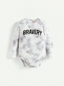 寶寶男孩字母印花圓領長袖連體衣,掀開式肩膀設計 - 藍色 - 查看 4