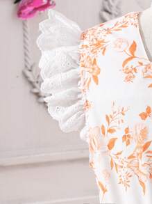 SHEIN Tween Girls' Spring/Summer Floral Printed Patchwork Cap Sleeves Dress, Perfect For Casual Vacation - Orange - View 4