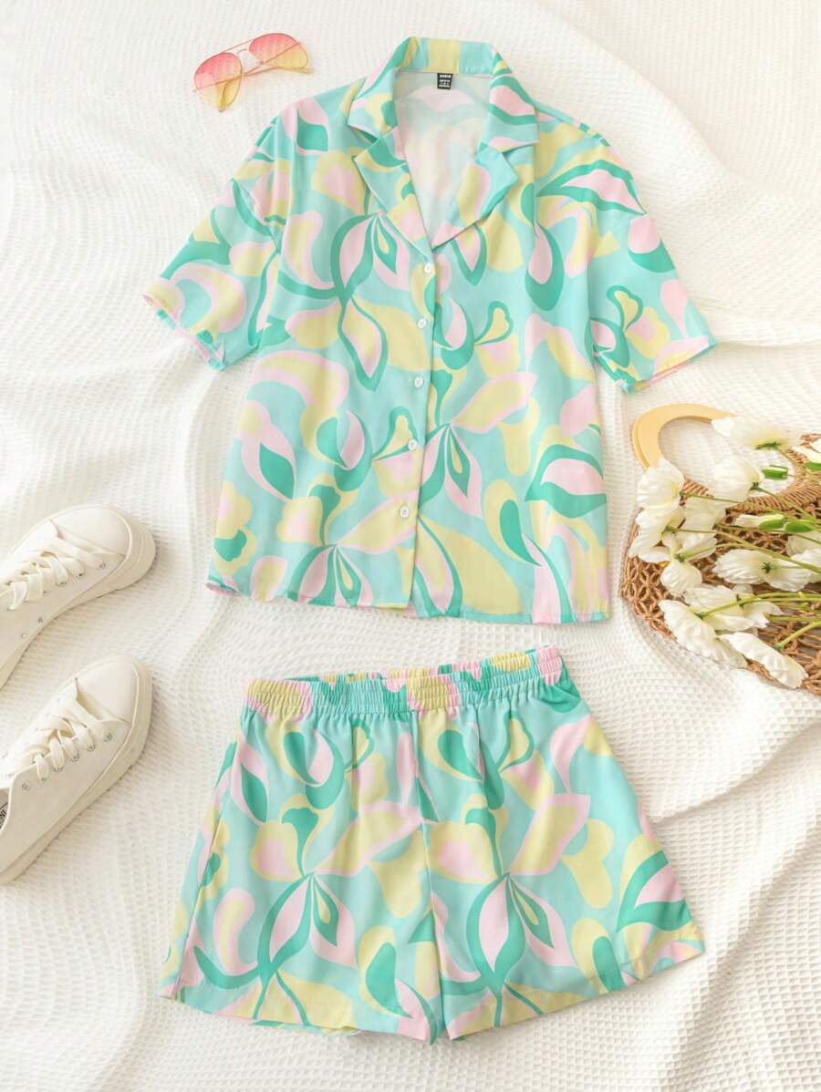 Soleia Women's Tropical Beach Vacation Style Colorful Abstract Pattern Floral Print Loose Short Sleeve Shirt And Shorts Two Piece Set For Summer - Multicolor - View 1