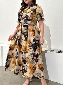 Mulvari Plus Size Women's Fashionable Short-Sleeved Dress With Floral Print Women Outfit, For Summer