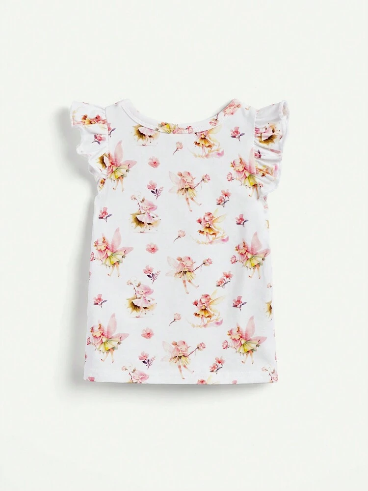 Baby Girl Fairy Pattern Round Neck Ruffle Sweatshirt And Pants Set