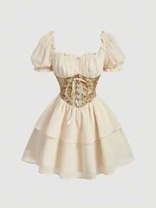 SHEIN MOD 女士肩帶腰線和褶皺胸部設計裙子 - 米色 - 查看 1