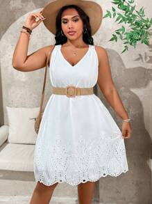 SHEIN Holidaya Plus Size Crochet Back Solid Colored Schiffy Dress - White - View 5