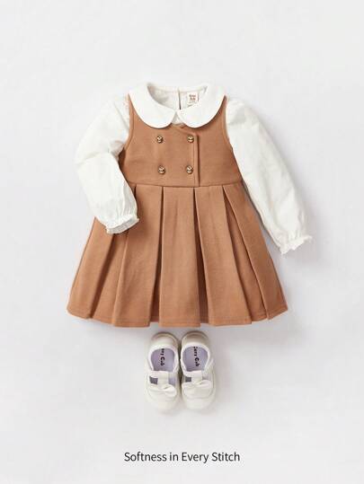Cozy Pixies 女嬰彼得潘領襯衫&雙排釦百褶下擺背帶裙