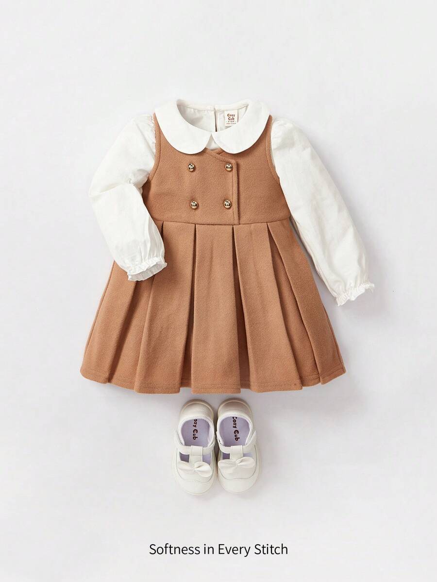 Cozy Pixies 女嬰彼得潘領襯衫&雙排釦百褶下擺背帶裙 - 卡其色 - 查看 1