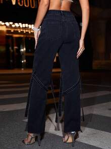 SHEIN BAE Casual Straight Leg Jeans With Ribbon Decoration - Black - View 2