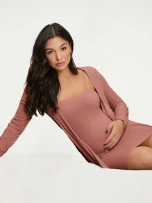 SHEIN Maternidad vestido de tirantes tejido de canalé con abrigo - Rosa vieja - Ver 5