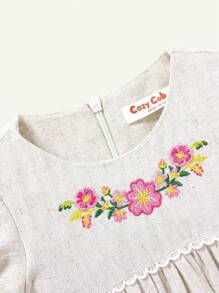 Baby Girl Floral Embroidered Round Neck Blouse With Ruffle Waist - Apricot - View 3