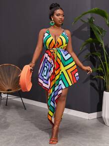 Maweii 夏季大碼彩色條紋不對稱擺式露背連身裙，帶領口頸部設計 - 彩色 - 查看 1
