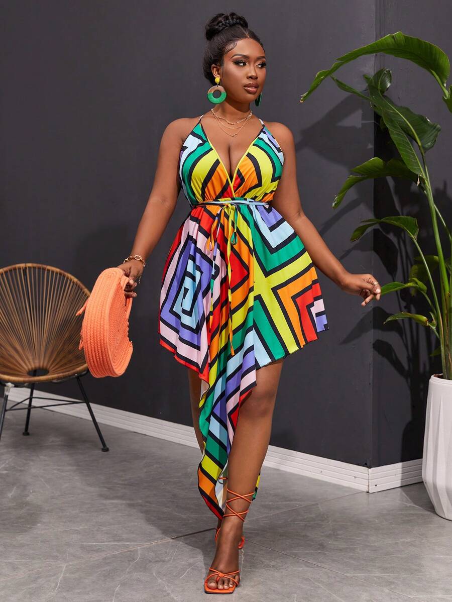 Maweii 夏季大碼彩色條紋不對稱擺式露背連身裙，帶領口頸部設計 - 彩色 - 查看 1