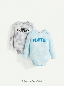 寶寶男孩字母印花圓領長袖連體衣,掀開式肩膀設計 - 藍色 - 查看 1