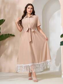 Mulvari Women's Plus Size Solid Color Lace Up Dress With Tassel Detailing - Apricot - View 5
