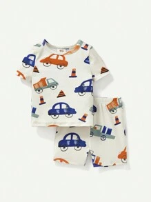 Baby Boy Snug Fit Pajama Set, Including Short-Sleeve Top And Casual Shorts Printed With Fun Car Patterns - Apricot - View 6