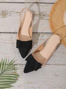 Fall/Winter Fairy Style Rhinestone Bowknot Closed Toe Sandals For Women, Khaki Color, With Ankle Strap, Pointed Toe, Flat Heels, Hollow Design, Summer