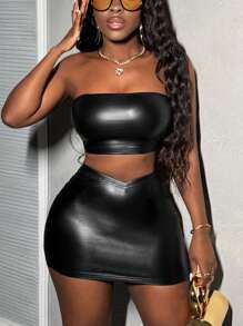 Slaydiva Street Style Summer Black Pu Crop Tube Top And Low Waist Bodycon Pu Mini Skirt Set - Black - View 3