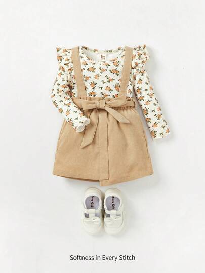Cozy Pixies 女嬰小碎花荷葉邊T恤&腰帶背带半身裙