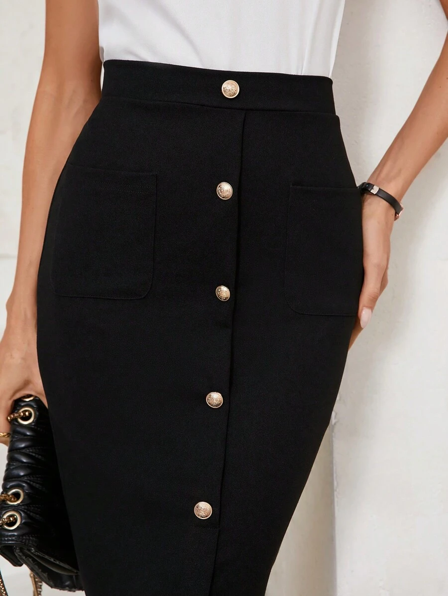 SHEIN Clasi Women's Front Button Metal Detail Skirt