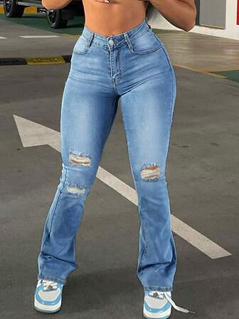 女士性感紧身破洞喇叭牛仔裤，春夏