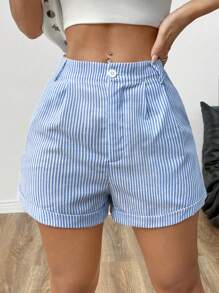 Comfortcana Plus Size Blue Striped Casual Shorts, Fashionable And Suitable For Everyday Wear, Spring
