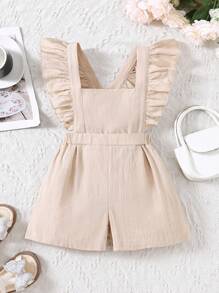 SHEIN 少女荷叶边方领亚麻连体裤，夏季