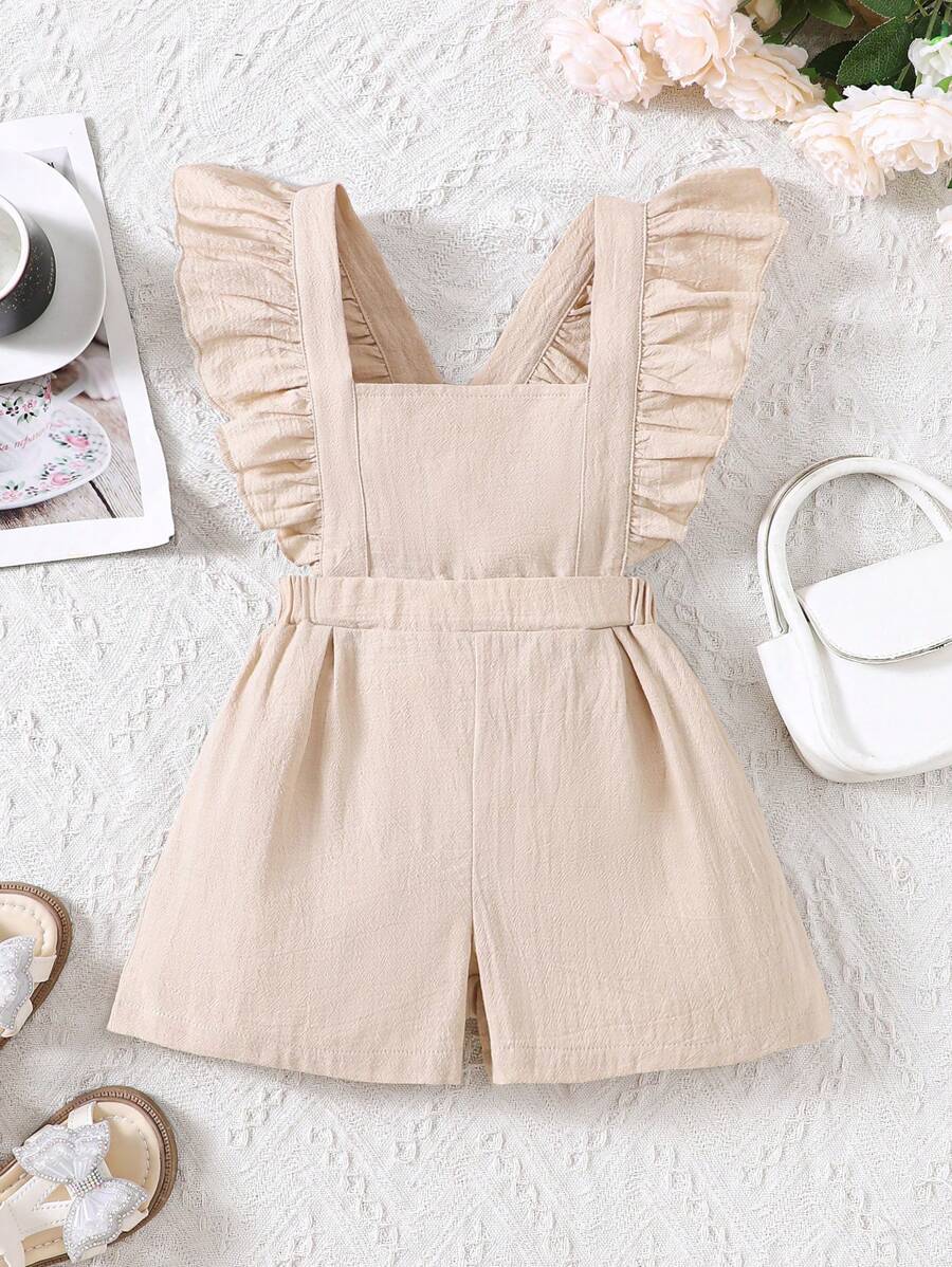 SHEIN 少女荷叶边方领亚麻连体裤，夏季