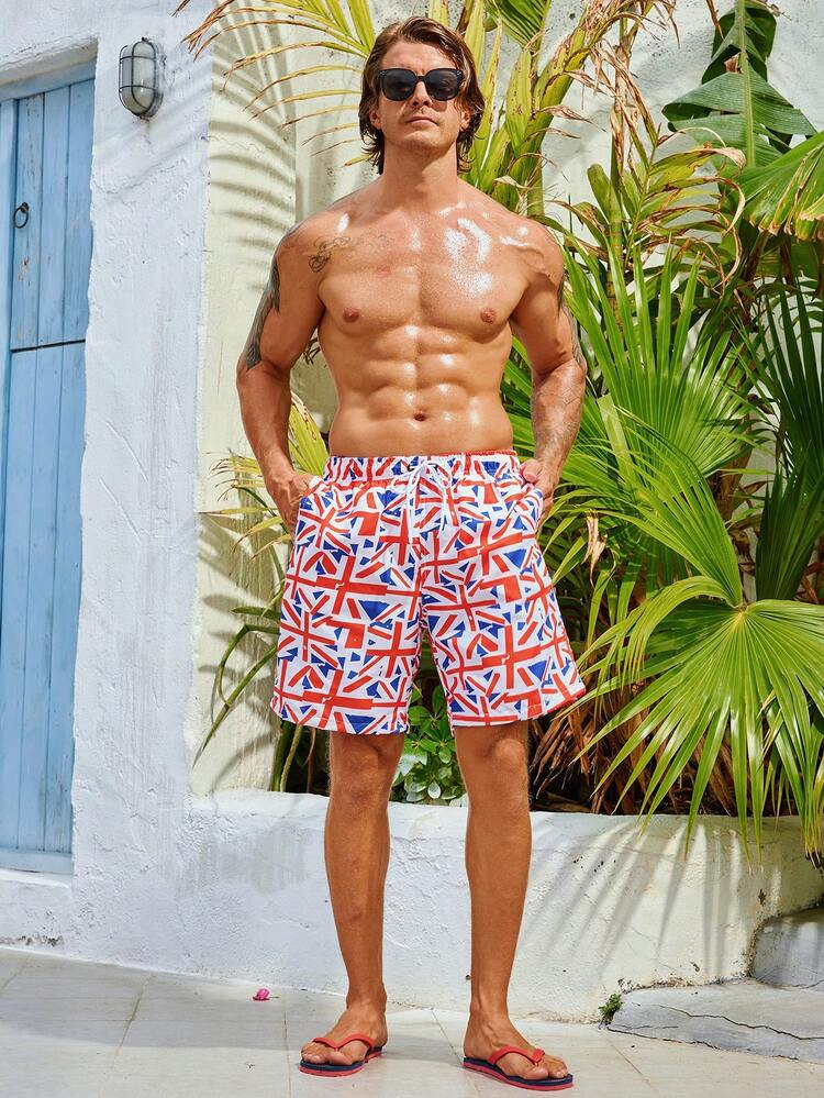 Men's Flag Printed Drawstring Beach Shorts