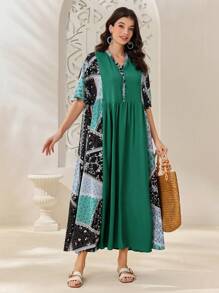 Seusyu 女式拼布花卉印花 V 领蝙蝠袖阿拉伯连衣裙 - 綠色 - 查看 8