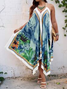 SHEIN Holidaya Plus Size Landscape Print Halter Neck Swing Dress For Summer - Blue - View 4