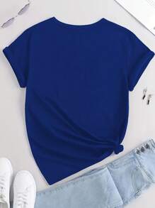 SHEIN Plus Size Devil Eye Rhinestone Pattern Short Sleeve Casual T-Shirt For Summer Graphic Tees Women Tops - Blue - View 2