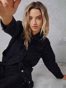 SHE(IN) BRASIL 1入組口袋貼布單排釦牛仔外套 - 黑色 - 查看 7